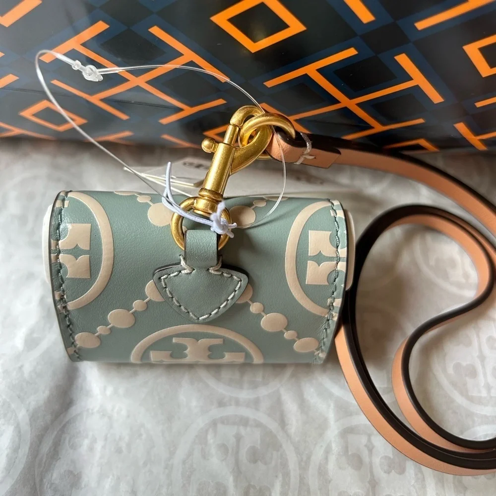 Tory Burch T Monogram Embossed Leather AirPods Pro Case Blue Celadon